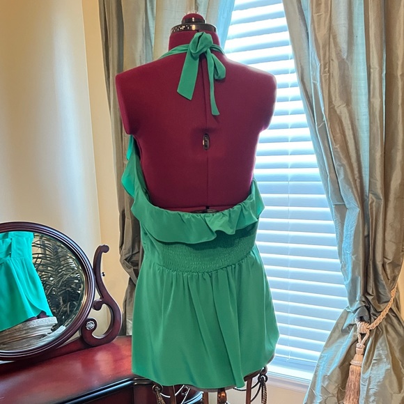 BCBG MaxAzria Emerald Green Ruffled Silk Halter Top, Size: L - Picture 3 of 6